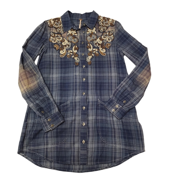 Free People Embellished Blue Plaid Buttondown Tunic Top S - Picture 9 of 16